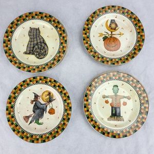Debbie Mumm Halloween Cat Witch Salad Plates Set Sakura Scarecrow